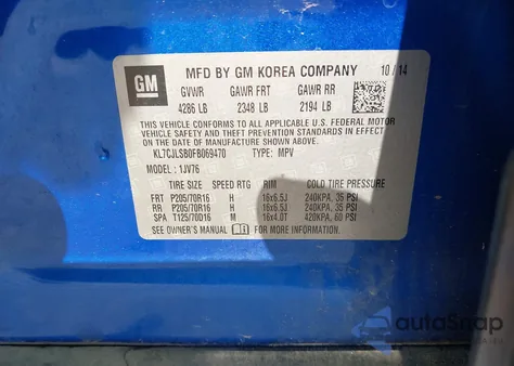 2015 Chevrolet Trax Lt из США, поврежденный, VIN KL7CJLSB0FB069470